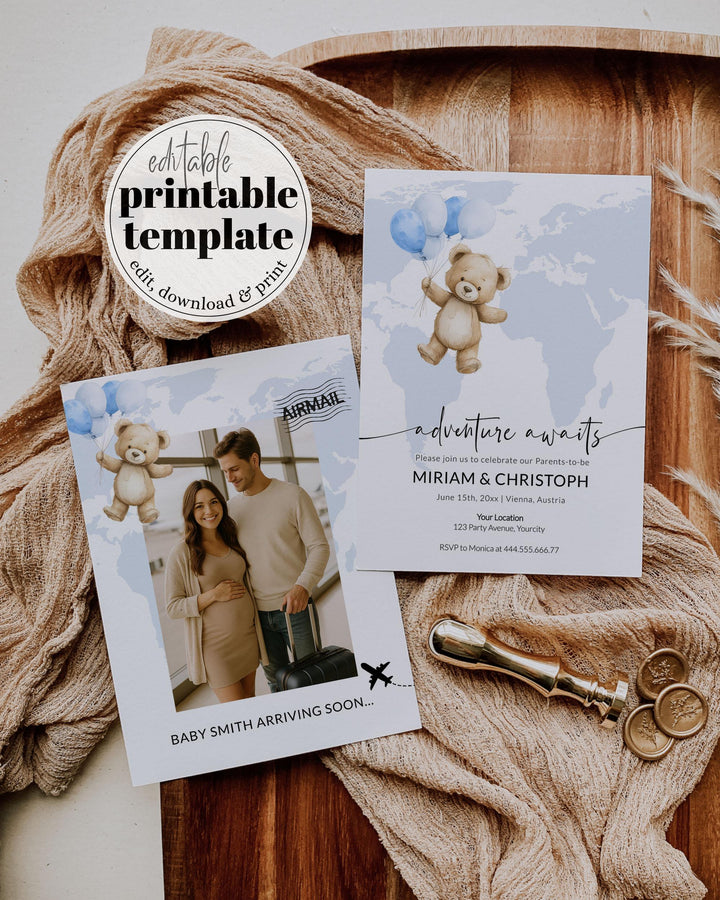 Blue Adventure Awaits Flying Teddy Bear Baby Shower Invitation Template Printable Travel Themed Baby Party Invite with World Map #072w - TheLovebirdsDesign