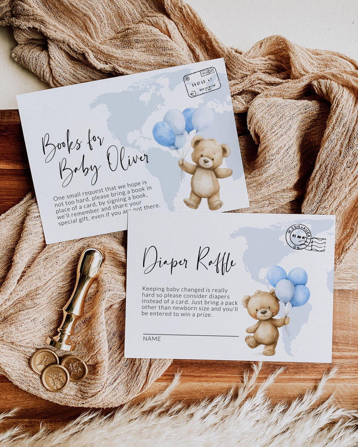 Blue Adventure Awaits Flying Teddy Bear Baby Shower Invitation Template Printable Travel Themed Baby Party Invite with World Map #072w - TheLovebirdsDesign