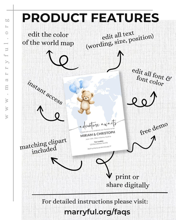 Blue Adventure Awaits Flying Teddy Bear Baby Shower Invitation Template Printable Travel Themed Baby Party Invite with World Map #072w - TheLovebirdsDesign
