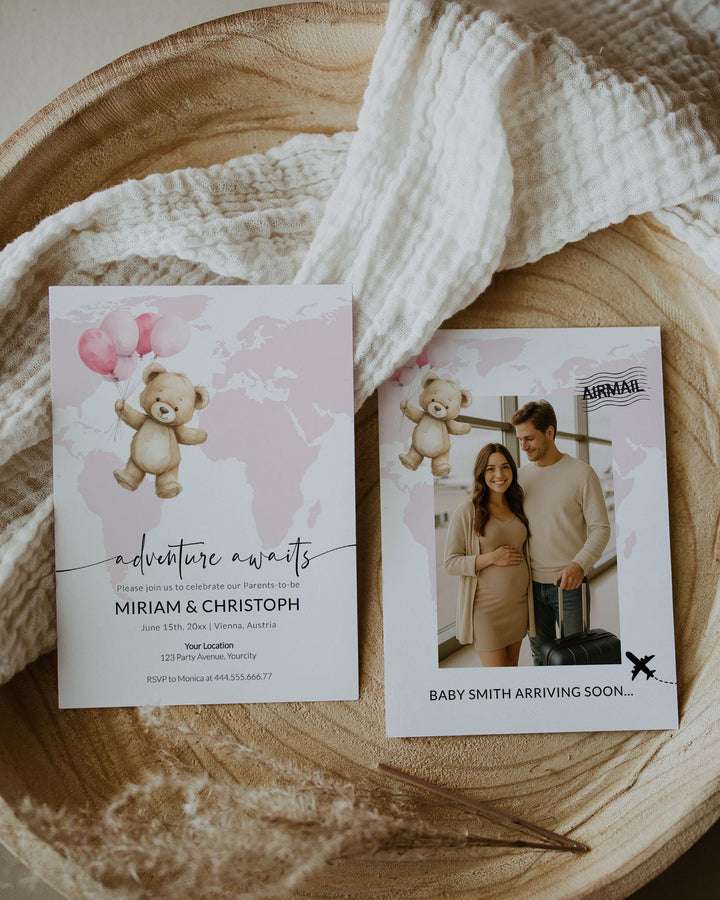 Adventure Awaits Travel Themed Baby Shower Invitation for Girls Printable Pink World Map Teddy Bear with Balloons Baby Party Invite #072w - TheLovebirdsDesign