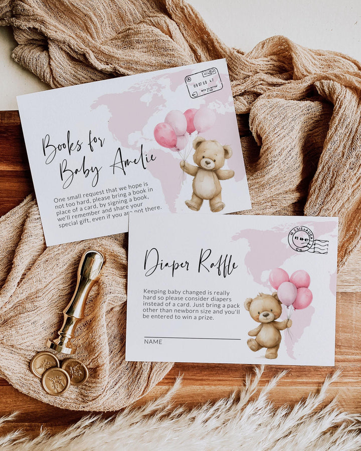Adventure Awaits Travel Themed Baby Shower Invitation for Girls Printable Pink World Map Teddy Bear with Balloons Baby Party Invite #072w - TheLovebirdsDesign