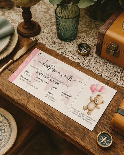 Pink Adventure Awaits Boarding Pass Baby Shower Invitation Template with Teddy Balloons and World Map, Editable Printable Party Invite #072w - TheLovebirdsDesign