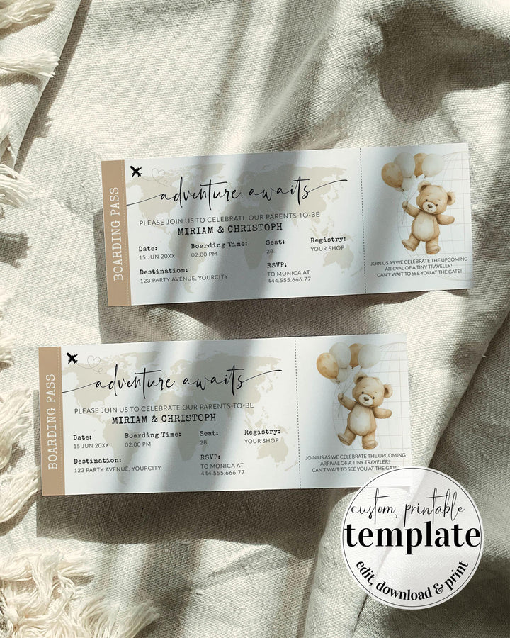 Adventure Awaits Boarding Pass Baby Shower Template for Travel Themed Baby Party with World Map & Cute Teddy Bear Balloons Co-ed Shower #068 - TheLovebirdsDesign