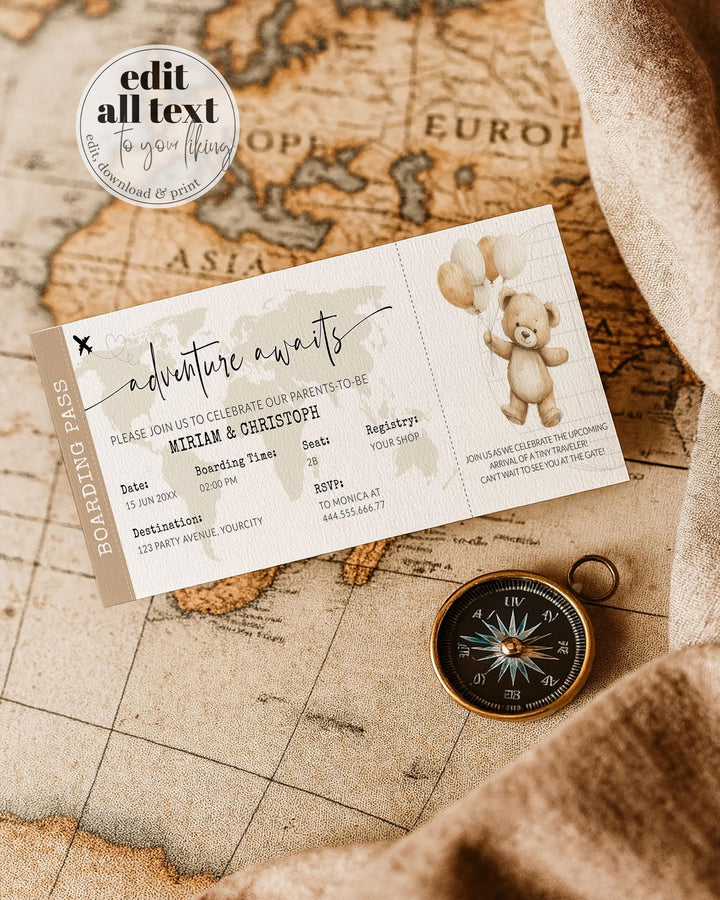 Adventure Awaits Boarding Pass Baby Shower Template for Travel Themed Baby Party with World Map & Cute Teddy Bear Balloons Co-ed Shower #068 - TheLovebirdsDesign