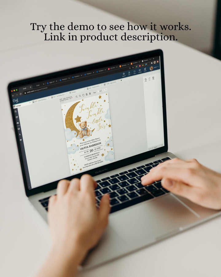 Twinkle Twinkle Little Star Baby Shower Invitation Template for Boys Blue We are over the Moon Baby Shower Suite with Teddy Bear #066 - TheLovebirdsDesign