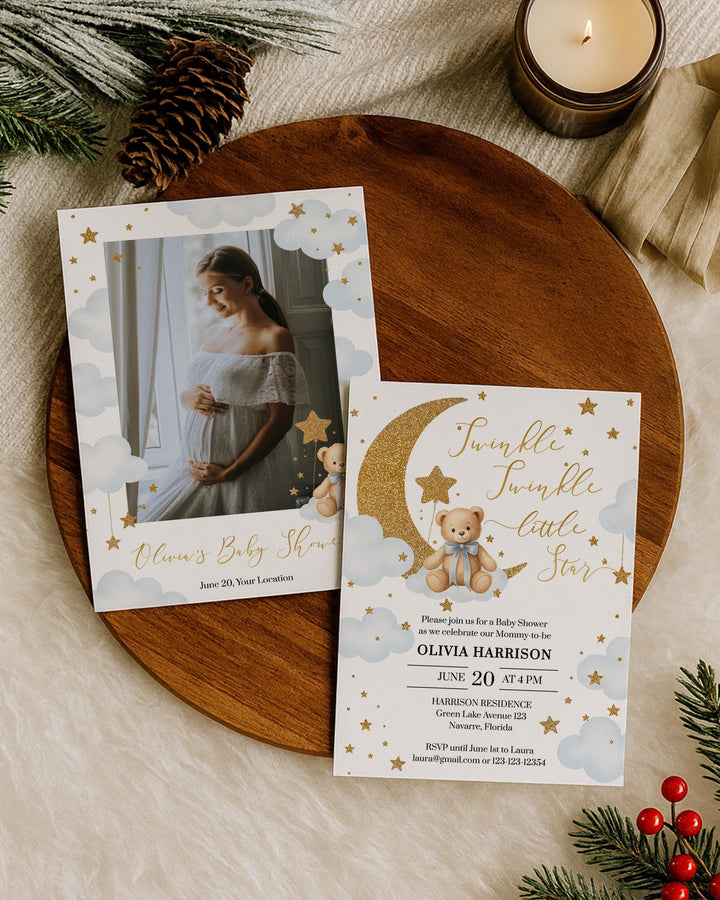 Twinkle Twinkle Little Star Baby Shower Invitation Template for Boys Blue We are over the Moon Baby Shower Suite with Teddy Bear #066 - TheLovebirdsDesign