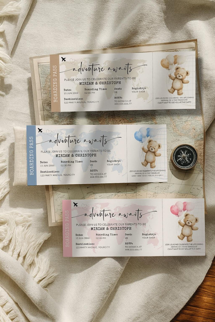 Blue Adventure Awaits Baby Shower Boarding Pass Invitation Template for Boys Travel Themed Baby Sprinkle Editable Party Printable #072w - TheLovebirdsDesign