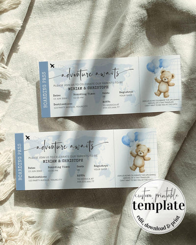 Blue Adventure Awaits Baby Shower Boarding Pass Invitation Template for Boys Travel Themed Baby Sprinkle Editable Party Printable #072w - TheLovebirdsDesign