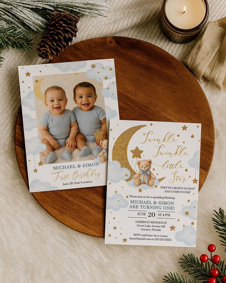 Twinkle Twinkle Little Star Twins Birthday Invitation Template for Boys Blue First Birthday Invite with Teddy Bear #066 - TheLovebirdsDesign
