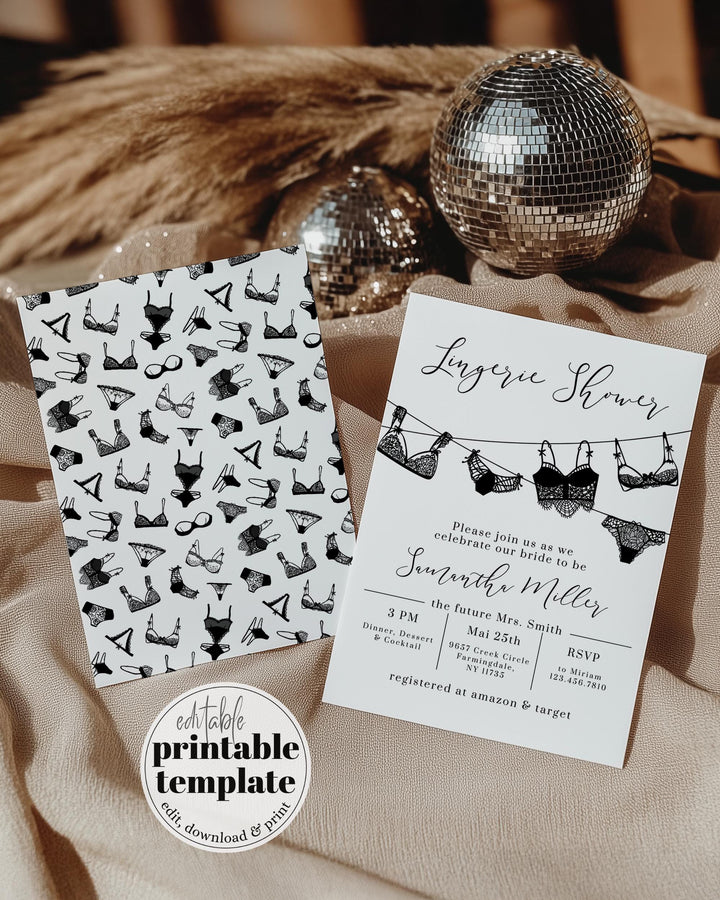 Dessous Lingerie Bridal Shower Invitation Template, Bachelorette Party Invite, Editable Template Digital Download #013 - TheLovebirdsDesign