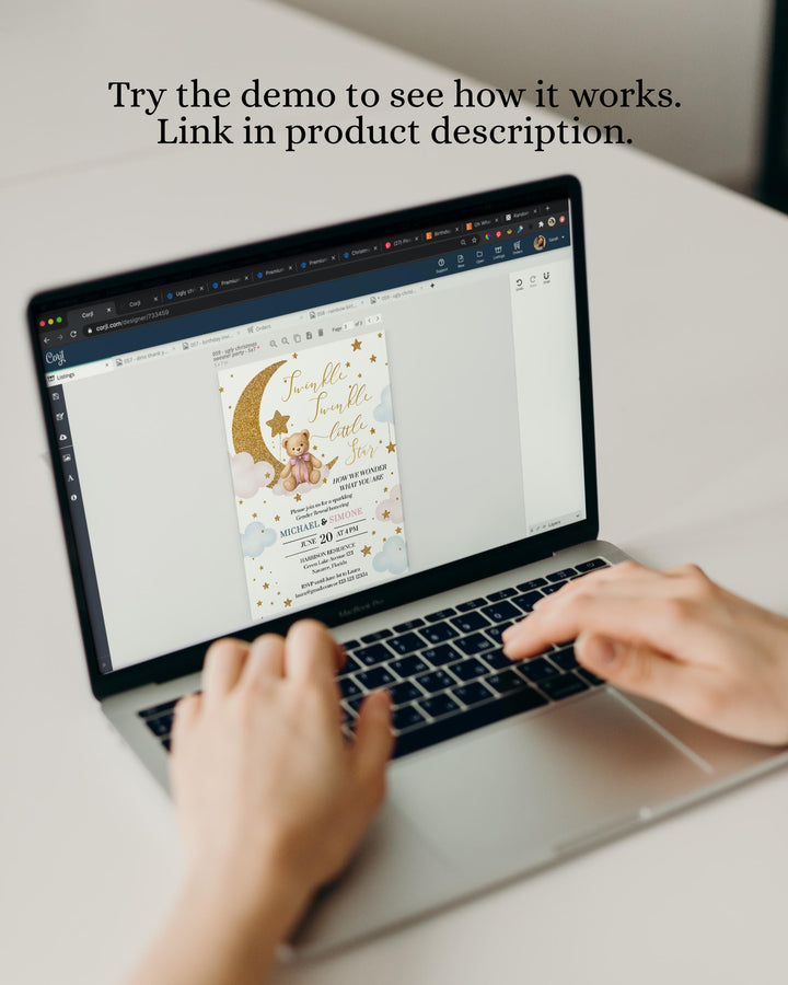 Twinkle Twinkle Little Star Gender Reveal Invitation Template Pink and Blue We are over the Moon Baby Invite with Teddy Bear #066 - TheLovebirdsDesign