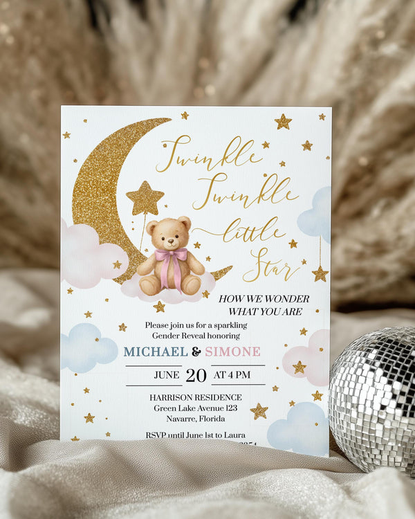 Twinkle Twinkle little Star Gender Reveal Invitation with a golden moon, pink and blue clouds, lots of stars and a cute little teddy bear with a bow around his neck sitting on one of the clouds
