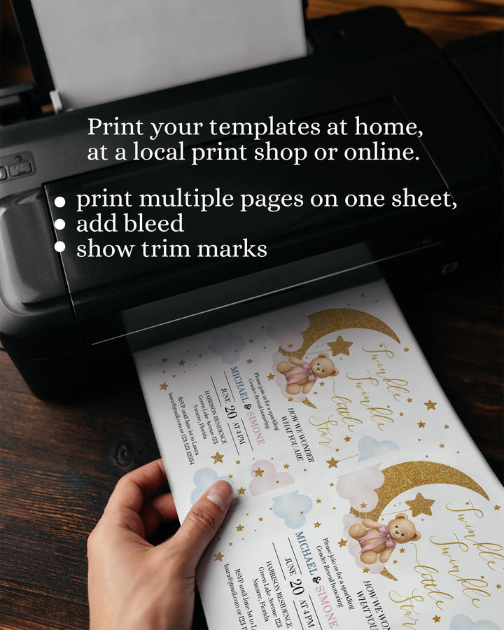 Twinkle Twinkle Little Star Gender Reveal Invitation Template Pink and Blue We are over the Moon Baby Invite with Teddy Bear #066 - TheLovebirdsDesign