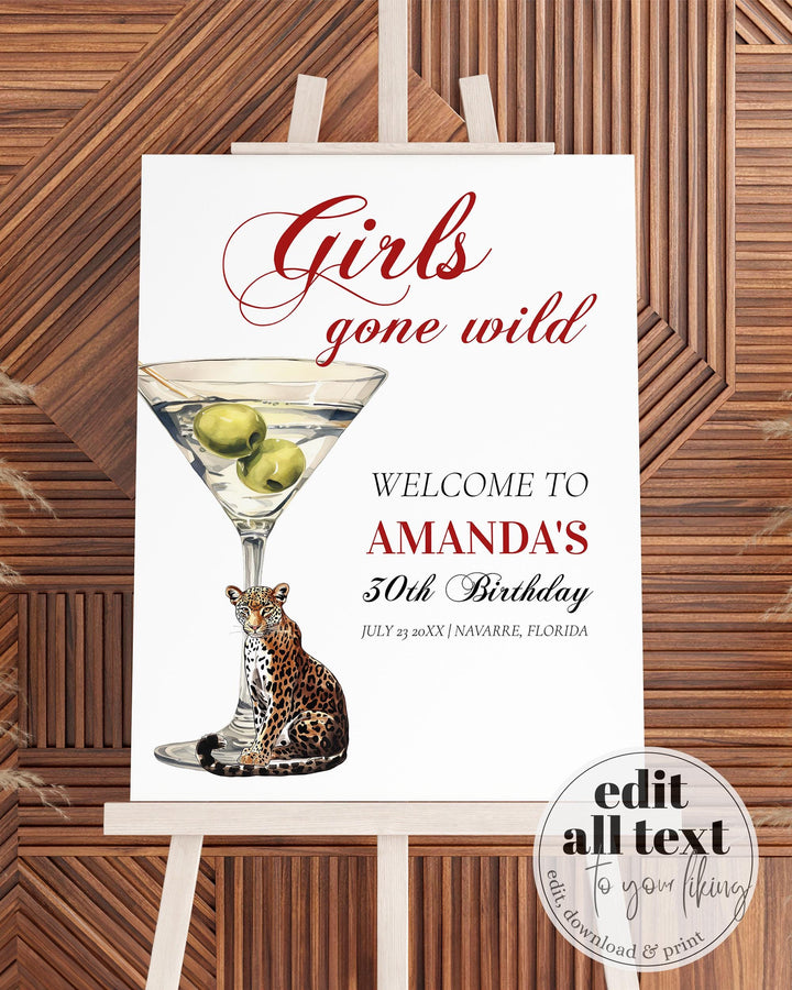 Party Animals Welcome Sign Template for 30th Birthday Party Girls Gone Wild Birthday Sign Mob Wife Martini and Cheetah Printable #072 - TheLovebirdsDesign