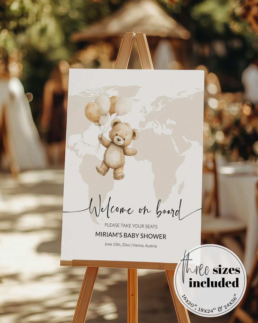 Adventure Awaits Baby Shower Welcome Sign Template, Teddy Bear Balloon Travel Theme 072W-WLCM-TEDDY-BE - marryful.org