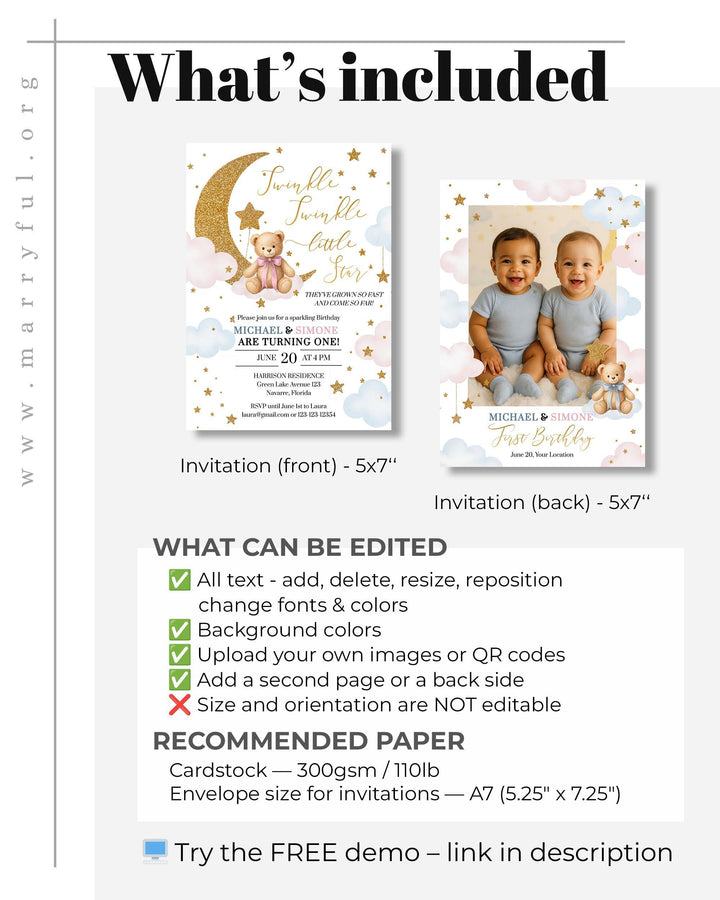 Twinkle Twinkle Little Star Twins First Birthday Invitation Template Pink and Blue We are over the Moon Baby Invite with Teddy Bear #066 - TheLovebirdsDesign