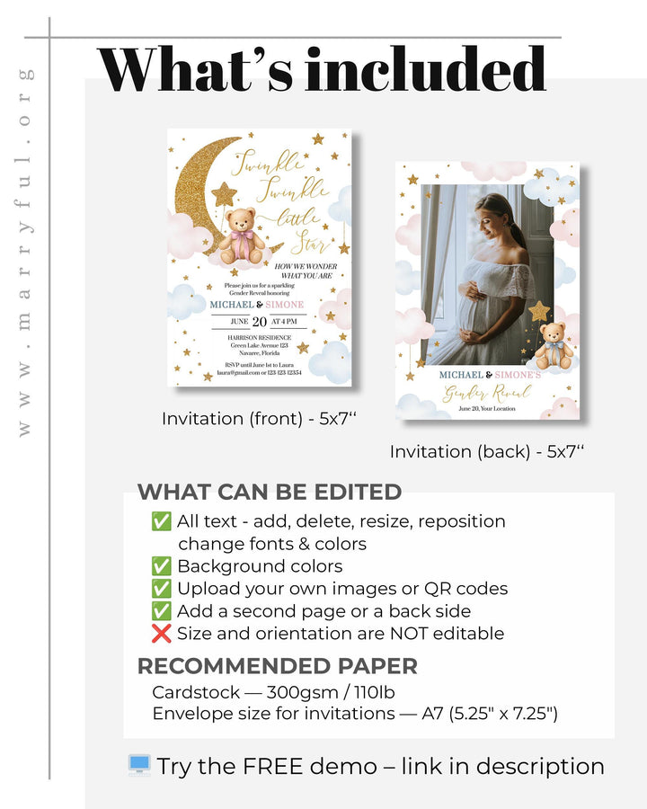 Twinkle Twinkle Little Star Gender Reveal Invitation Template Pink and Blue We are over the Moon Baby Invite with Teddy Bear #066 - TheLovebirdsDesign