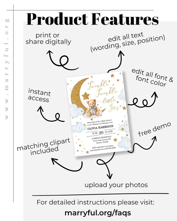 Twinkle Twinkle Little Star Baby Shower Invitation Template for Boys Blue We are over the Moon Baby Shower Suite with Teddy Bear #066 - TheLovebirdsDesign