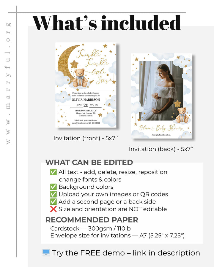 Twinkle Twinkle Little Star Baby Shower Invitation Template for Boys Blue We are over the Moon Baby Shower Suite with Teddy Bear #066 - TheLovebirdsDesign