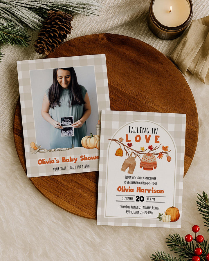 Falling In Love Baby Shower Invitation Template Gender Neutral Fall Baby Shower Invite with Clothesline and Autumn Leaves #068 - TheLovebirdsDesign