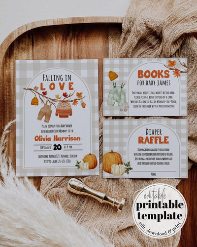 Falling In Love Baby Shower Invitation Template Gender Neutral Fall Baby Shower Invite with Clothesline and Autumn Leaves #068 - TheLovebirdsDesign