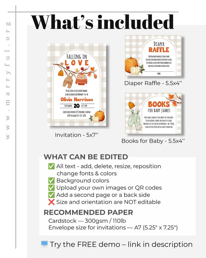 Falling In Love Baby Shower Invitation Template Gender Neutral Fall Baby Shower Invite with Clothesline and Autumn Leaves #068 - TheLovebirdsDesign
