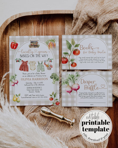 Locally Grown Twin Baby Shower Invitation, Farmers Market Theme, Editable Template 003LG-TWBSINV - marryful.org