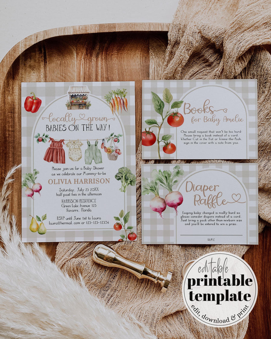 Farmers Market Twin Baby Shower Invitation, Veggie Clothesline Locally Grown Template 003LG-TWBSINV - marryful.org