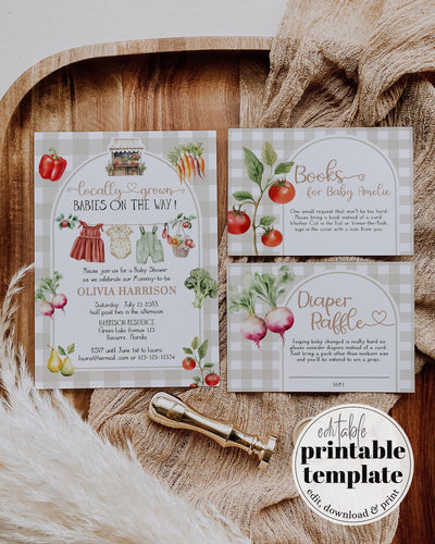 Farmers Market Twin Baby Shower Invitation Template: Veggies & Clothesline (Digital Download) #068 - marryful.org