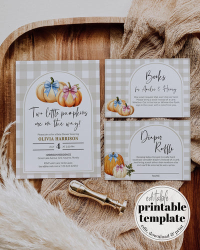 Twin Pumpkin Boy and Girl Baby Shower Invitation Template Little Cutie on the way Fall Baby Shower Invite Suite Pink and Blue #068 - TheLovebirdsDesign