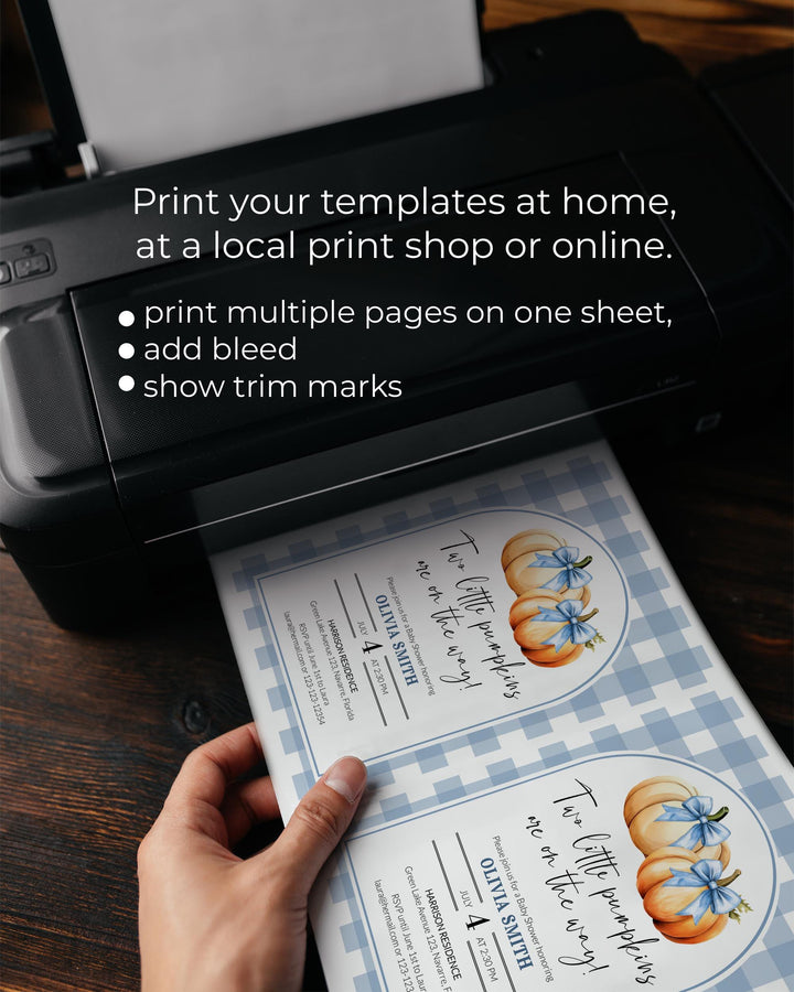 Blue Pumpkin Twin Baby Shower Invitation Template for Boys Two Little Pumpkins are on the Way Fall Baby Brunch Invite #068 - TheLovebirdsDesign