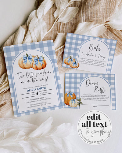Blue Pumpkin Twin Baby Shower Invitation Template for Boys Two Little Pumpkins are on the Way Fall Baby Brunch Invite #068 - TheLovebirdsDesign