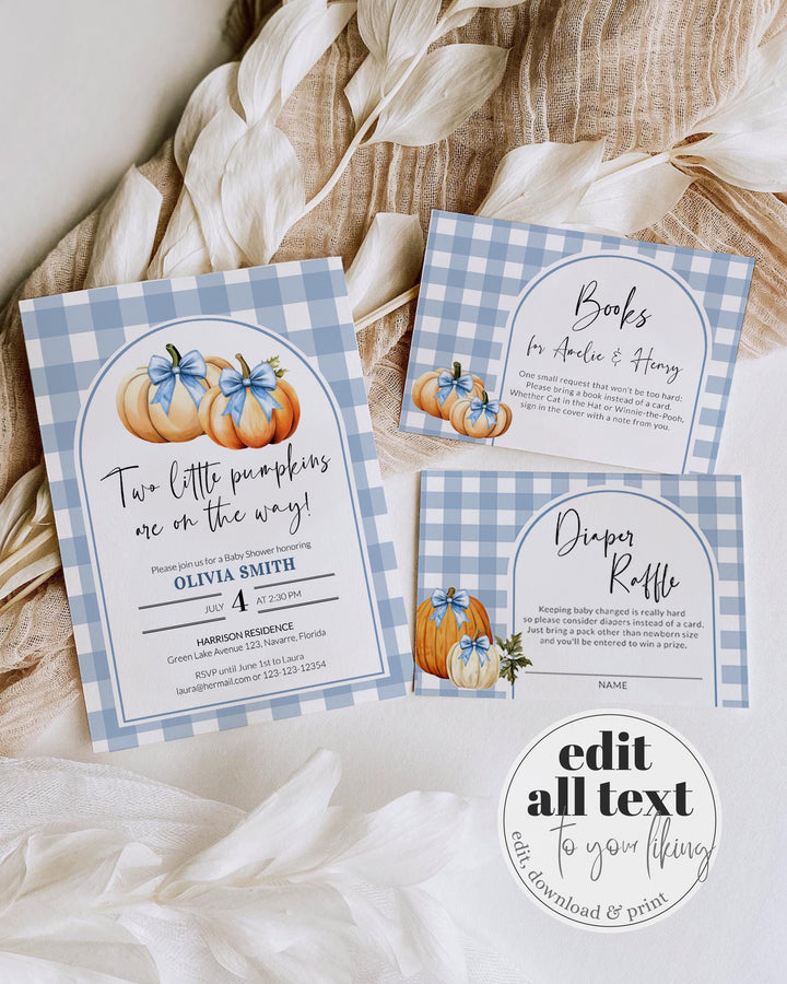 Blue Pumpkin Twin Baby Shower Invitation Template for Boys Two Little Pumpkins are on the Way Fall Baby Brunch Invite #068 - TheLovebirdsDesign