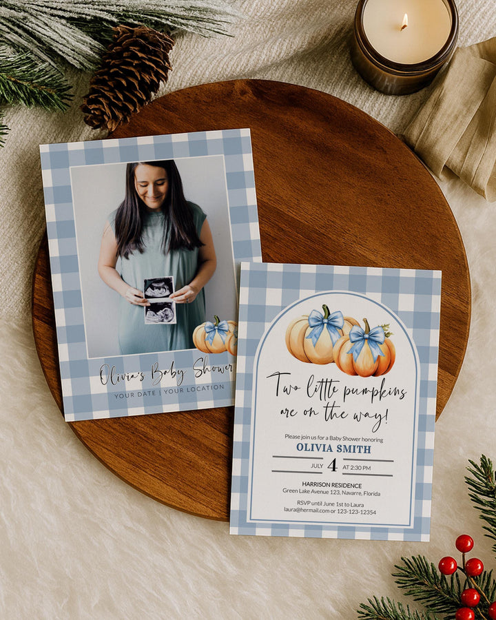 Blue Pumpkin Twin Baby Shower Invitation Template for Boys Two Little Pumpkins are on the Way Fall Baby Brunch Invite #068 - TheLovebirdsDesign