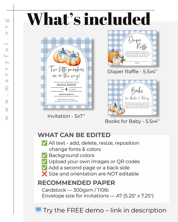 Blue Pumpkin Twin Baby Shower Invitation Template for Boys Two Little Pumpkins are on the Way Fall Baby Brunch Invite #068 - TheLovebirdsDesign