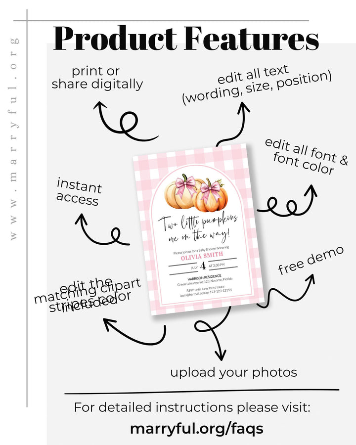 Pink Pumpkin Twin Baby Shower Invitation Suite Template for Girls, Two Little Pumpkins Theme for Fall Baby Brunch #068 - TheLovebirdsDesign