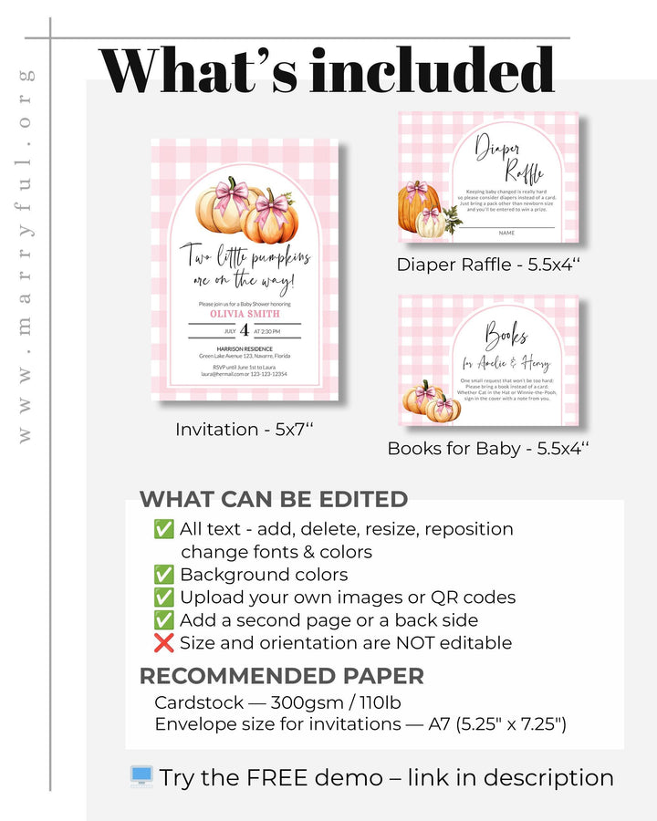 Pink Pumpkin Twin Baby Shower Invitation Suite Template for Girls, Two Little Pumpkins Theme for Fall Baby Brunch #068 - TheLovebirdsDesign