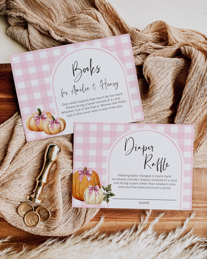 Pink Pumpkin Twin Baby Shower Invitation Suite Template for Girls, Two Little Pumpkins Theme for Fall Baby Brunch #068 - TheLovebirdsDesign