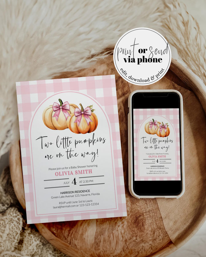 Pink Pumpkin Twin Baby Shower Invitation Suite Template for Girls, Two Little Pumpkins Theme for Fall Baby Brunch #068 - TheLovebirdsDesign