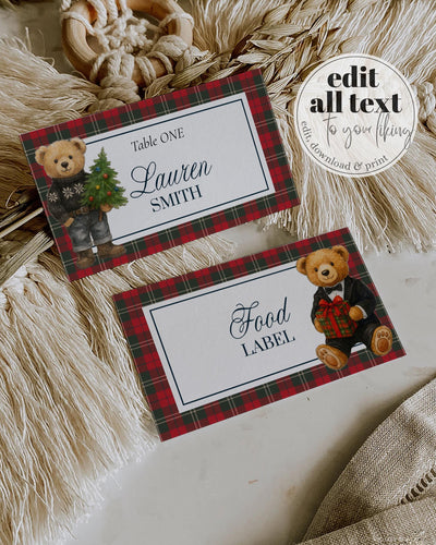 Christmas Bear Place Cards and Food Label Template Ralph Vintage Luxury Polo Baby Shower Decoration Tuxedo Teddy Bear Theme Party #068 - TheLovebirdsDesign