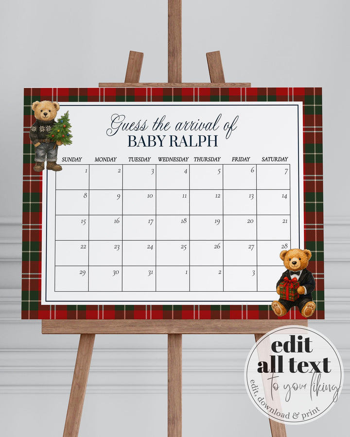 Christmas Template Bear Baby Shower Due Date Sign for Winter Teddy Bear Themed Baby Party Game Sign for Ralph Polo Vintage Luxury Party #068 - TheLovebirdsDesign