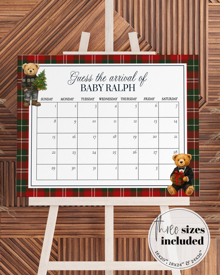 Christmas Template Bear Baby Shower Due Date Sign for Winter Teddy Bear Themed Baby Party Game Sign for Ralph Polo Vintage Luxury Party #068 - TheLovebirdsDesign