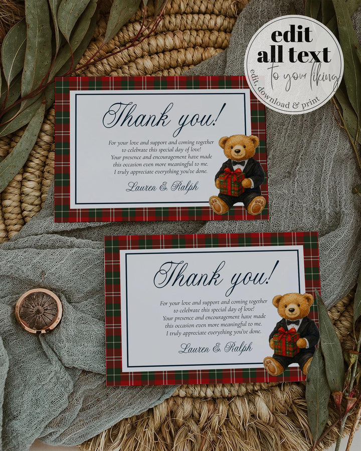 Christmas Bear Thank you Card Template for Winter Baby Shower Ralph Vintage Luxury Polo Baby Shower Card Teddy Bear Theme #068 - TheLovebirdsDesign