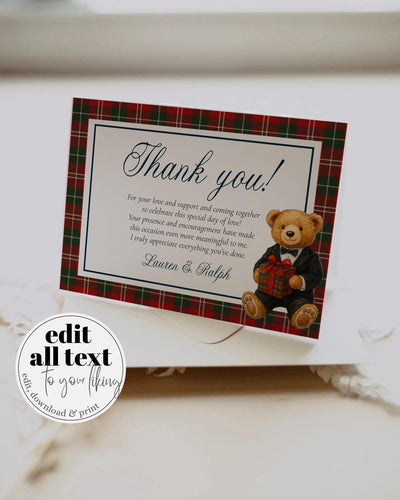 Christmas Bear Thank you Card Template for Winter Baby Shower Ralph Vintage Luxury Polo Baby Shower Card Teddy Bear Theme #068 - TheLovebirdsDesign
