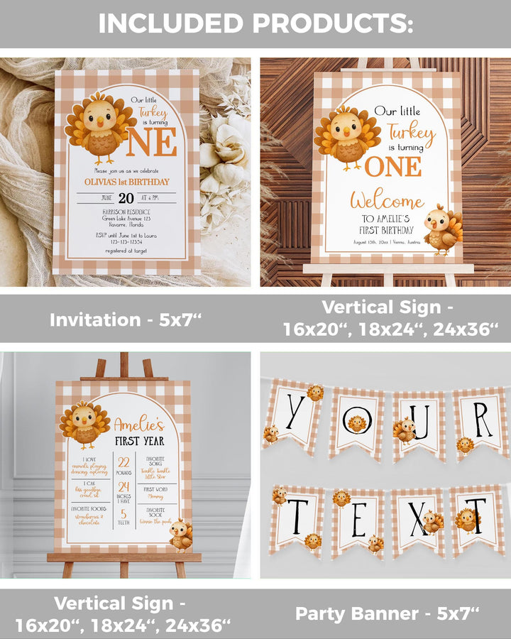 Our Little Turkey is Turning One First Birthday Bundle with Invitation Signs Tags Decor for Thanksgiving 1st Birthday Fall Autumn Party #068 - TheLovebirdsDesign