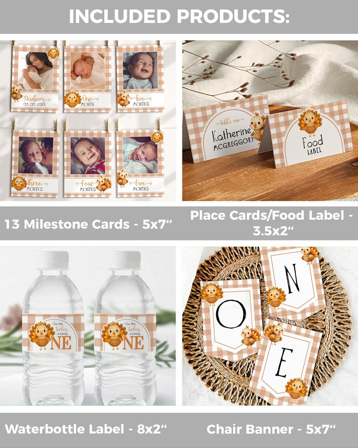 Our Little Turkey is Turning One First Birthday Bundle with Invitation Signs Tags Decor for Thanksgiving 1st Birthday Fall Autumn Party #068 - TheLovebirdsDesign