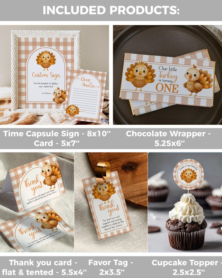 Our Little Turkey is Turning One First Birthday Bundle with Invitation Signs Tags Decor for Thanksgiving 1st Birthday Fall Autumn Party #068 - TheLovebirdsDesign