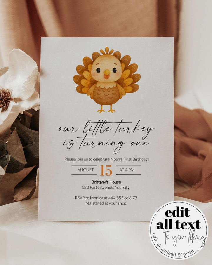 Thanksgiving Turkey First Birthday Invitation for Fall Our Little Turkey is Turning ONE 1st Birthday Party Invite Template Autumn #068 - TheLovebirdsDesign