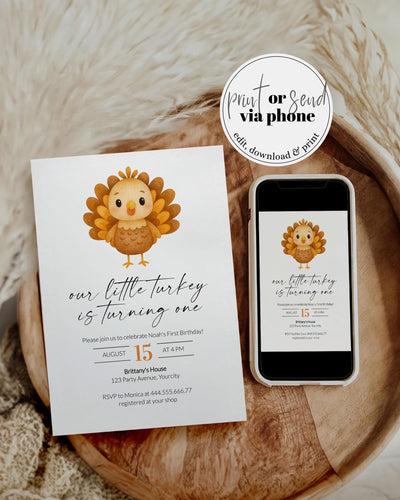 Thanksgiving Turkey First Birthday Invitation for Fall Our Little Turkey is Turning ONE 1st Birthday Party Invite Template Autumn #068 - TheLovebirdsDesign