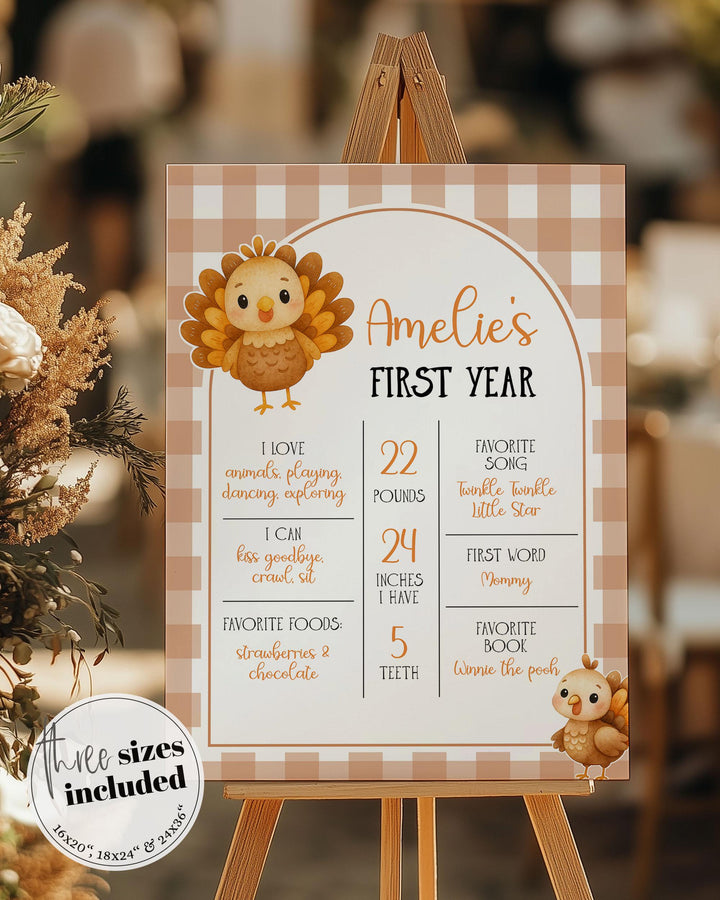 Turkey First Birthday Milestone Sign Template for a Fall Themed Babys 1st Birthday Autumn Thanksgiving Little Turkey Themed Party Sign #068 - TheLovebirdsDesign